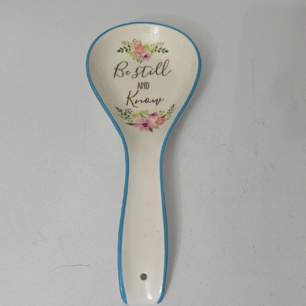 Floral Ceramic Spoon Rest with Blue Trim, NWOT